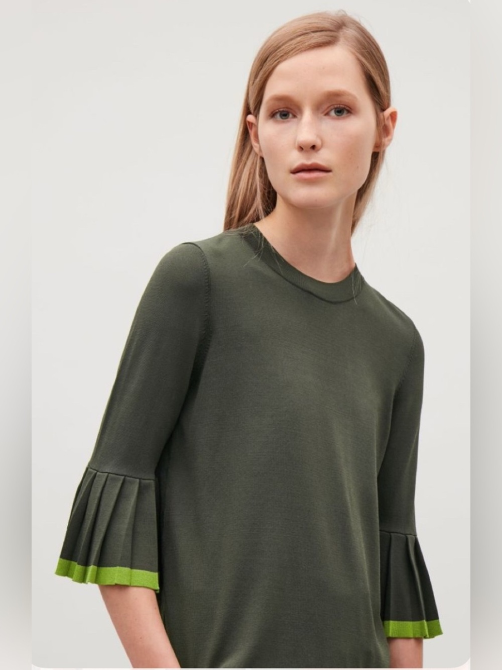 COS Olive Green Knit Top with Pleated 3/4 Sleeve Trim Size L